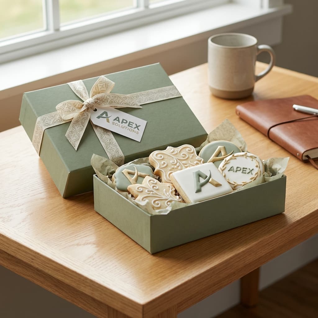 Caixa de presente corporativo com biscoitos artesanais personalizados